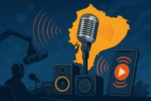 Ilustración digital de un micrófono, mapa de Ecuador y un teléfono móvil representando la radio online