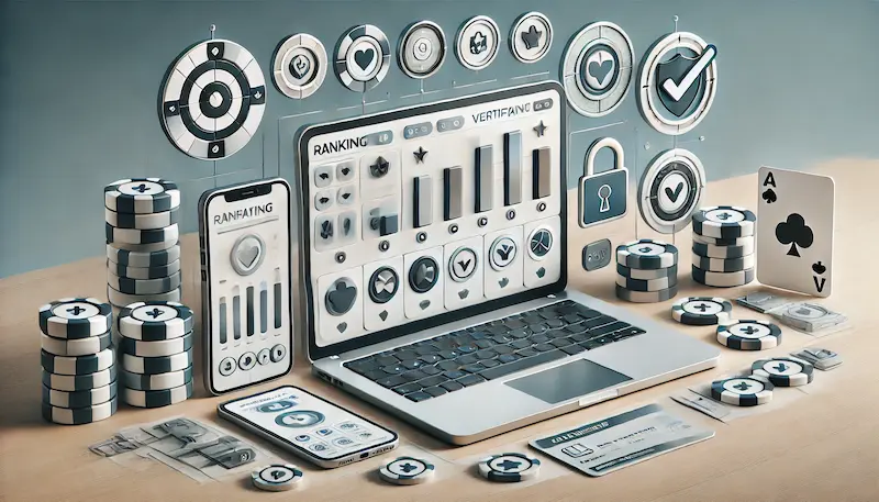 Laptop y smartphones con tablero de ranking y verificación, iconos de seguridad y fichas de casino sobre escritorio.