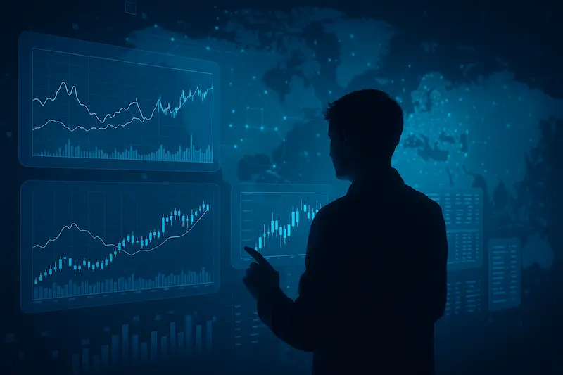 Inversor interactuando con pantallas holográficas de gráficos financieros y datos globales en un entorno digital futurista.