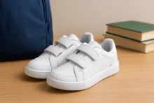 Par de tenis escolares blancos junto a mochila y libros sobre una mesa de madera