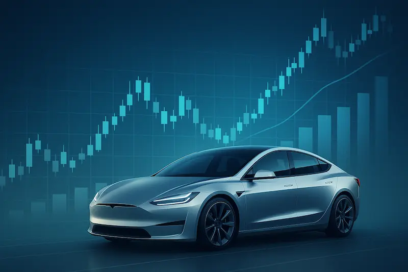 Auto eléctrico futurista frente a gráficos bursátiles en un entorno digital