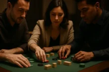 Three people playing a tabletop game with generic chips and blocks on a green felt table in a warm, focused setting.