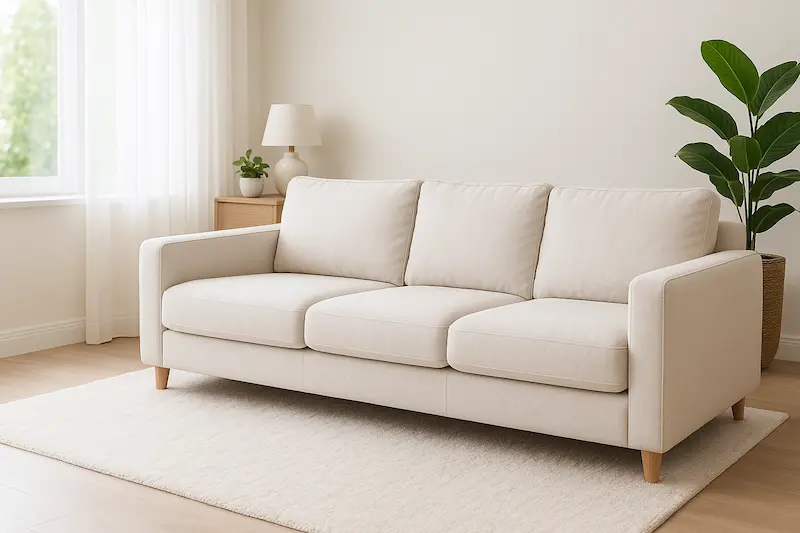 Clean light beige sofa in a bright living room after professional upholstery cleaning in Charlotte