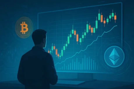 Ilustración digital de Vire Elvoxe mostrando gráficos de trading de criptomonedas con inteligencia artificial