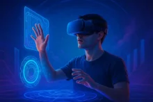 Man wearing VR headset interacting with holographic virtual reality environment in blue and purple tones
