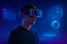 Person using a VR headset in a futuristic digital environment with holograms