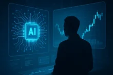 A person analyzing AI-powered trading data on futuristic digital screens