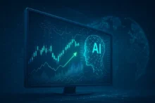 Pantalla digital con gráficos financieros y visualización de inteligencia artificial en trading automatizado