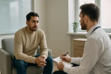 Sesión de terapia en consultorio luminoso: adulto dialoga con profesional de salud mental, imagen horizontal sin texto.