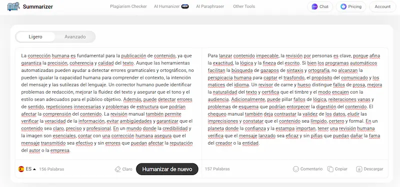 Comparativa lado a lado del texto original y el texto humanizado con AI Humanizer en modo Ligero.