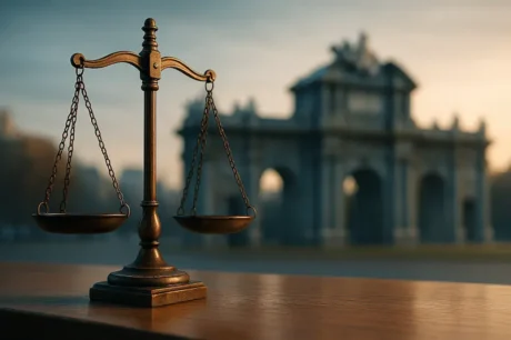 Balanza de la justicia en primer plano con la Puerta de Alcalá desenfocada, imagen horizontal sin texto.