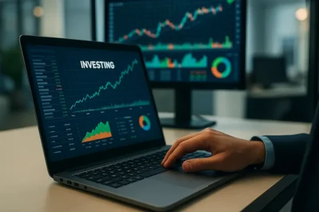 Inversor analizando gráficos financieros en laptop y monitor en oficina moderna