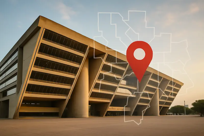 Dallas City Hall building with a digital district map and red location pin