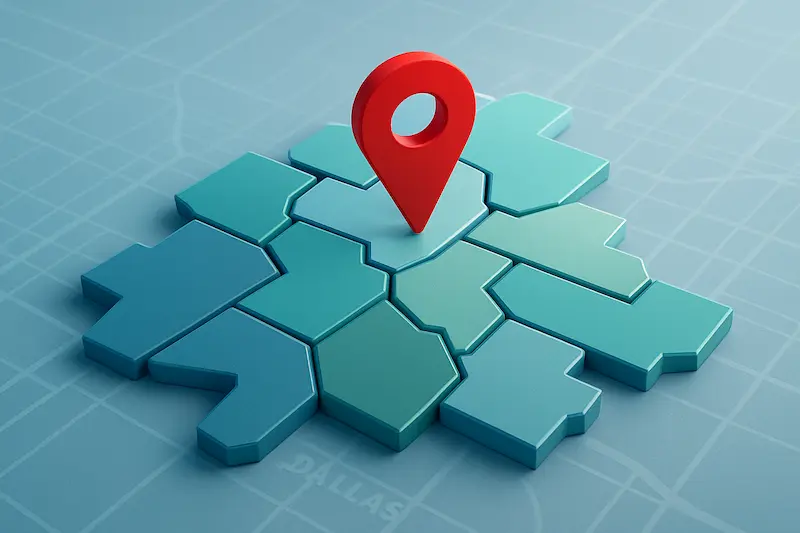3D map of Dallas districts with a central red location pin