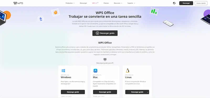 Página de descarga de WPS Office con opciones para Windows, Mac y Linux y botón para descargar gratis.