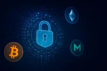 Ilustración tecnológica con símbolos de Bitcoin, Ethereum y Monero en una red digital que representa privacidad en exchanges de criptomonedas anónimos