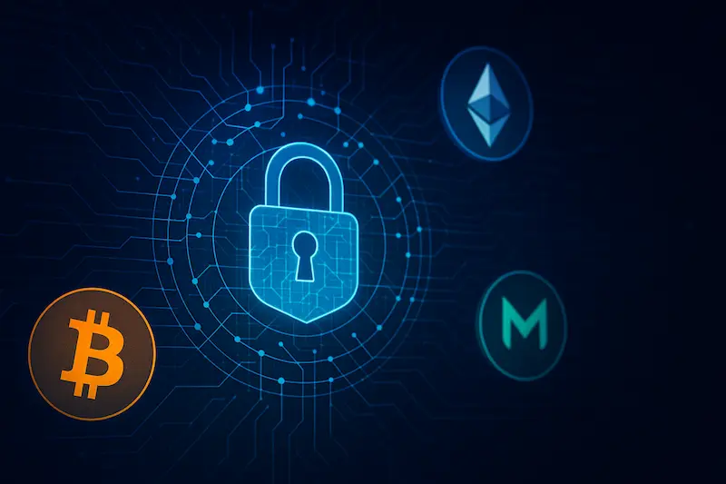 Ilustración tecnológica con símbolos de Bitcoin, Ethereum y Monero en una red digital que representa privacidad en exchanges de criptomonedas anónimos