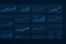 Panel abstracto con gráficos financieros y datos digitales en estilo sobrio