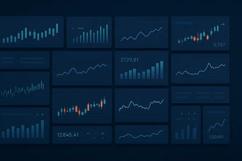 Panel abstracto con gráficos financieros y datos digitales en estilo sobrio