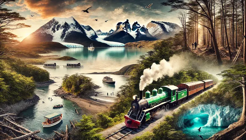 Ilustración panorámica del Fin del Mundo con tren turístico, bosques, barcos en el canal y montañas nevadas en Tierra del Fuego