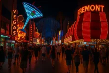 Night view of Fremont Street in Las Vegas with neon lights and tourists walking