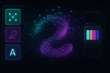 Interfaz de generador de logos con IA, forma abstracta tipo S hecha de puntos y paneles de herramientas en estilo neón sobre fondo oscuro.
