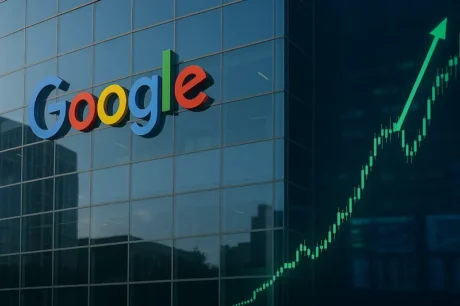 Fachada de Google con gráfico bursátil en alza, alusivo a la suba de acciones tras fallo antimonopolio en EE.UU.