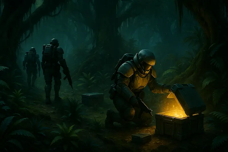 Futuristic soldiers opening glowing loot crates in an alien jungle in Helldivers 2
