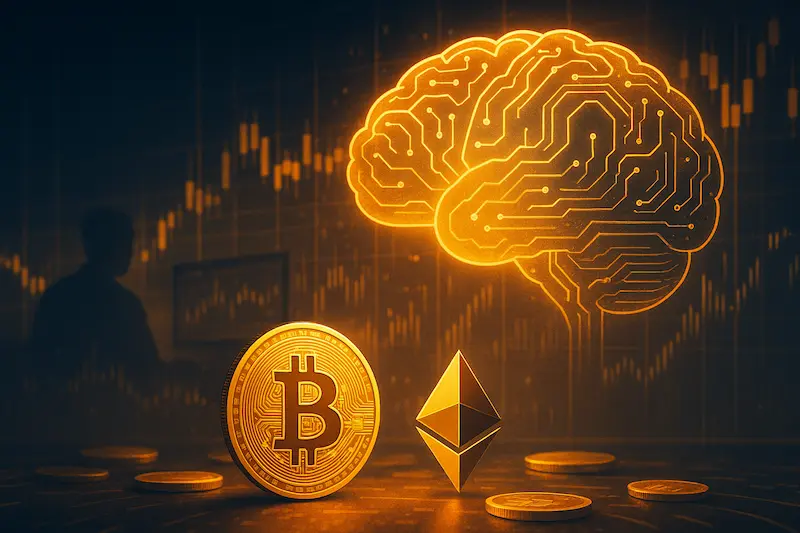 Ilustración fotorrealista de cerebro digital y monedas de Bitcoin y Ethereum con velas de trading, tonos amarillos y naranjas, sin texto.