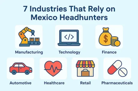 Infographic showing 7 industries that rely on headhunters in Mexico: manufacturing, technology, finance, automotive, healthcare, retail, and pharmaceuticals