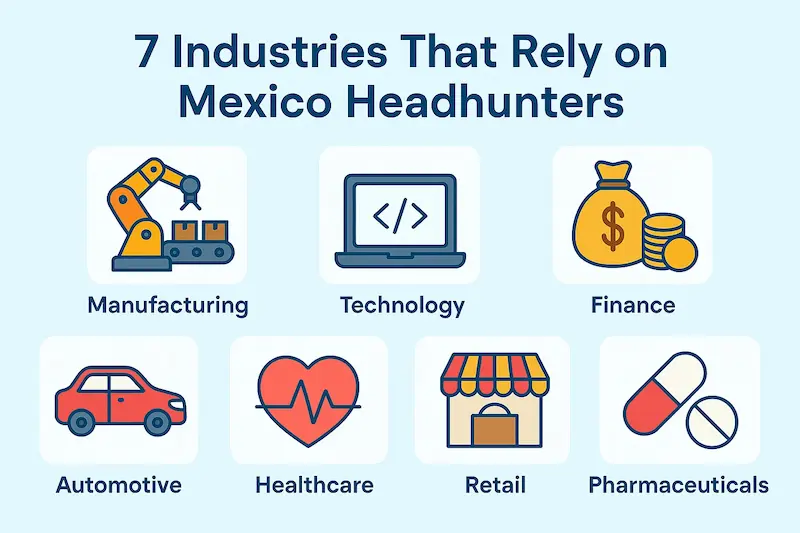 Infographic showing 7 industries that rely on headhunters in Mexico: manufacturing, technology, finance, automotive, healthcare, retail, and pharmaceuticals