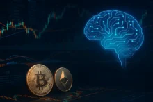 Ilustración digital con gráficos financieros, símbolos de criptomonedas y un cerebro tecnológico que representa inteligencia artificial