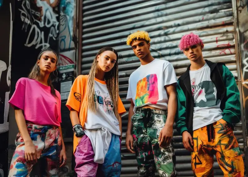 Grupo de jóvenes con ropa urbana colorida posando en una calle con grafitis