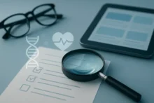 Lupa sobre checklist junto a tablet y anteojos con iconos de salud, metáfora de lectura crítica de noticias de salud y ciencia.