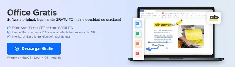 Sección “Office Gratis” de WPS Office con laptop, editor abierto y botón Descargar Gratis; compatible con Windows, macOS, Linux, iOS y Android.