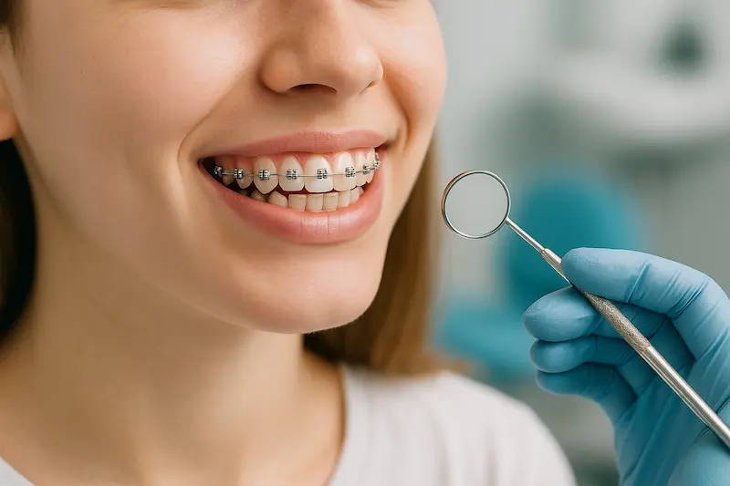 Sonrisa de paciente con brackets metálicos durante revisión dental