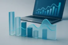 3D bars and a line graph in cool blue tones in front of a laptop, abstract concept for analyzing RTP and volatility of UK online slots; horizontal, no text.