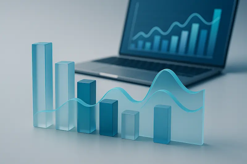 3D bars and a line graph in cool blue tones in front of a laptop, abstract concept for analyzing RTP and volatility of UK online slots; horizontal, no text.