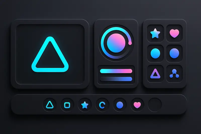 Paneles de UI con íconos y controles en estilo neomórfico y degradados neón para diseño de logotipos sobre fondo oscuro.