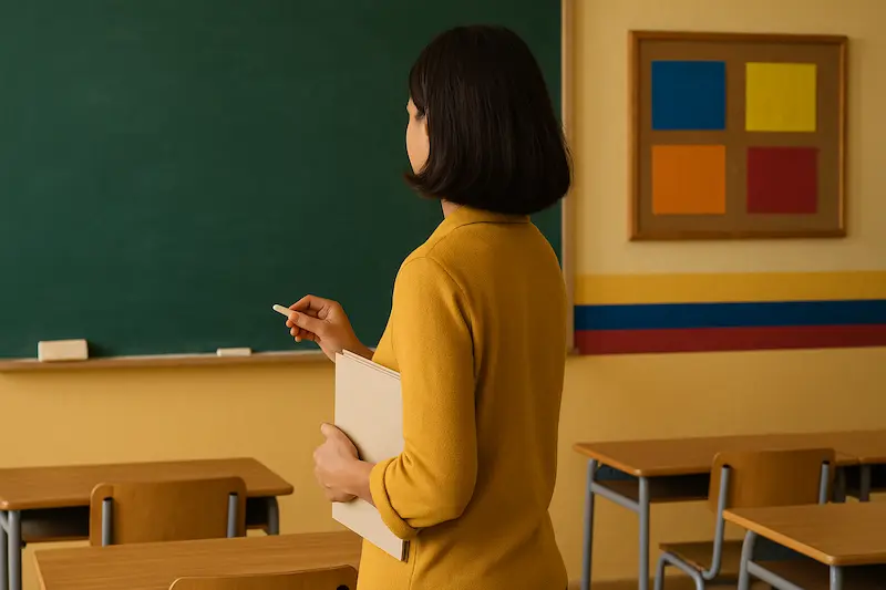 Docente de espaldas escribiendo con tiza en pizarra dentro de un aula pública; imagen editorial sin texto que alude a la actualización salarial 2025 del magisterio colombiano