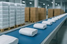 Modern diaper production line with white diapers on a conveyor and stacked pallets in the background, text-free and editorial-safe