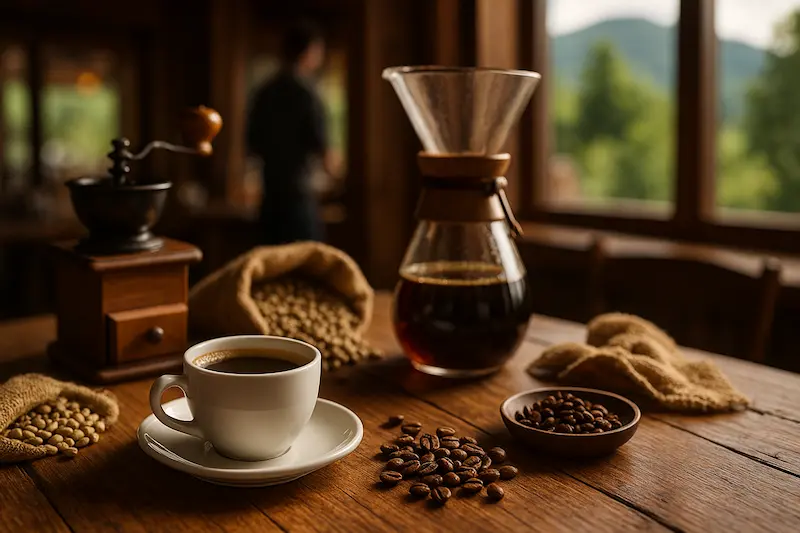 Taza de café sobre barra de madera con granos, molino manual y jarra de filtrado en ambiente cálido con vista a la naturaleza, concepto de trazabilidad y sostenibilidad