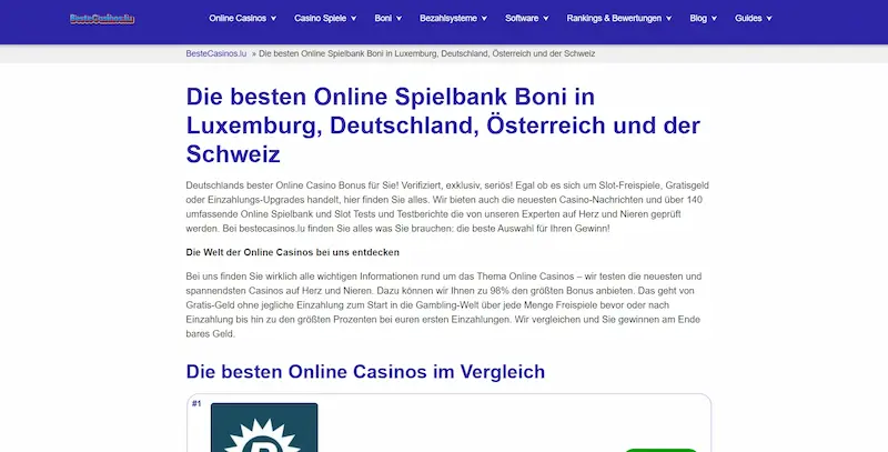Screenshot of Bestecasinos.lu German page about the best online casino bonuses in Luxembourg and DACH markets.