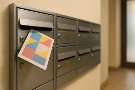 Fila de buzones metálicos con un folleto asomando, ilustrando el buzoneo como publicidad directa efectiva y apta para todo público.