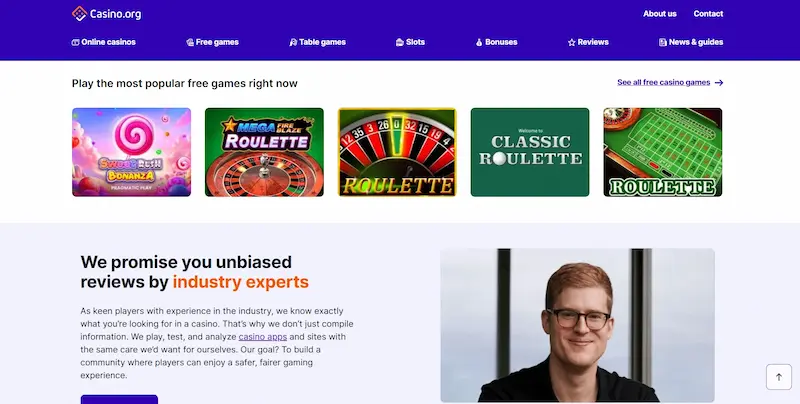 Screenshot of Casino.org homepage highlighting free games and expert unbiased reviews.