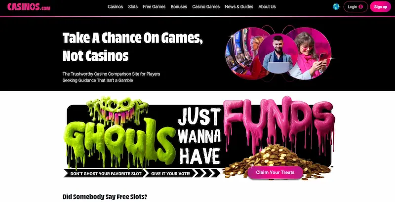 Screenshot of Casinos.com homepage with the message “Take a chance on games, not casinos."