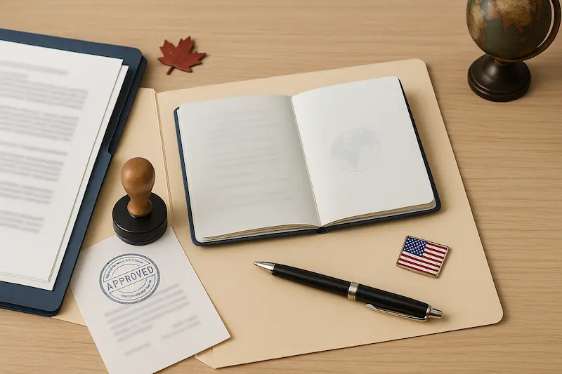 Editorial, text-free flat lay of immigration paperwork: folder with documents, neutral passport, non-legible approval stamp, pen, small U.S. flag pin and maple leaf on a wooden desk.