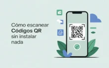 Teléfono escaneando un código QR con iconos en fondo claro; guía para escanear códigos QR sin instalar nada