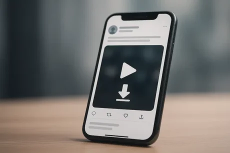 Teléfono móvil en primer plano con interfaz genérica mostrando icono de reproducción y flecha de descarga, sobre escritorio, sin logos ni texto.