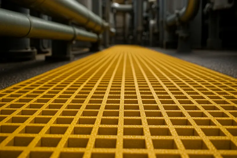 Close-up of yellow FRP grating walkway with anti-slip texture in an industrial plant, horizontal 16:9.